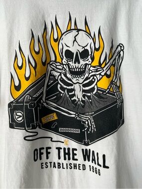 Vans White Tee with Black Skeleton and Yellow Flames Rare